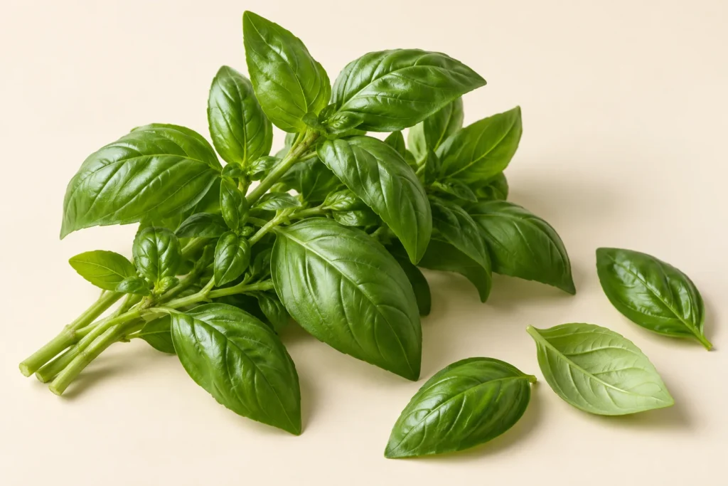 Mazzetto di basilico fresco su fondo crema, con foglie ovali lucide disposte a coppie sul fusto e tre foglie staccate accanto.