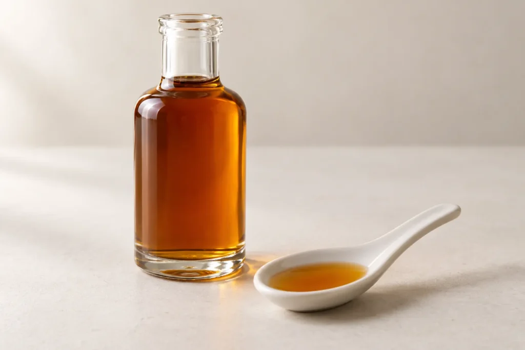 Bottiglia di vetro con colatura di alici ambrata e cucchiaino di ceramica bianca con un po' di colatura