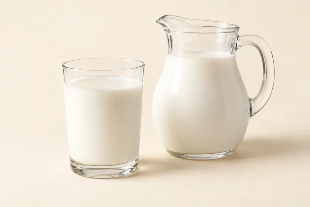 Un bicchiere di vetro e una brocca di vetro pieni di latte bianco su fondo crema.