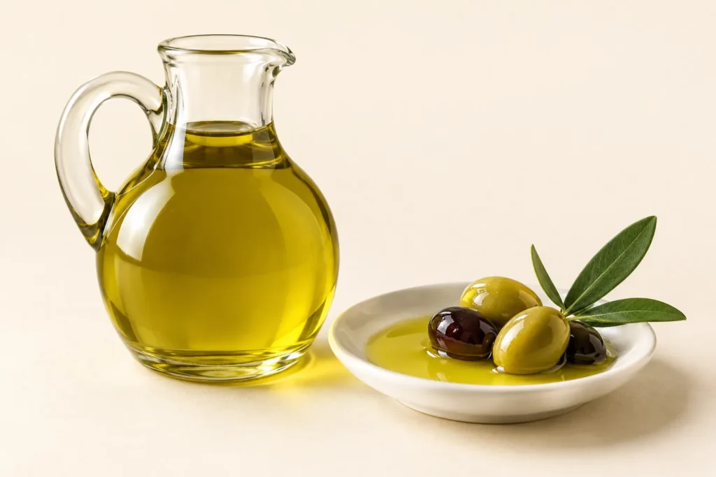 Olio extravergine di oliva giallo-verde in un'ampolla di vetro con il manico e, accanto, un piattino bianco con un velo d'olio, olive verdi e scure e un rametto di foglie d'olivo, su fondo crema.