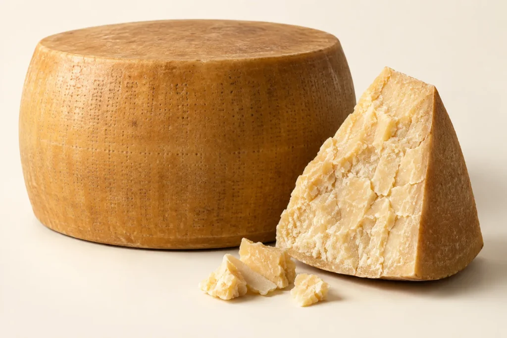 Forma intera di Parmigiano Reggiano con la crosta punteggiata e spicchio spezzato a scaglie