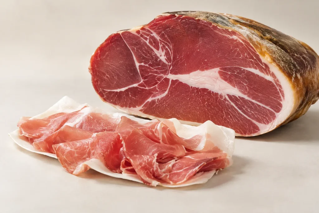 Coscia intera di prosciutto crudo tagliata, con il grasso bianco sotto la cotenna, e fette sottili in primo piano
