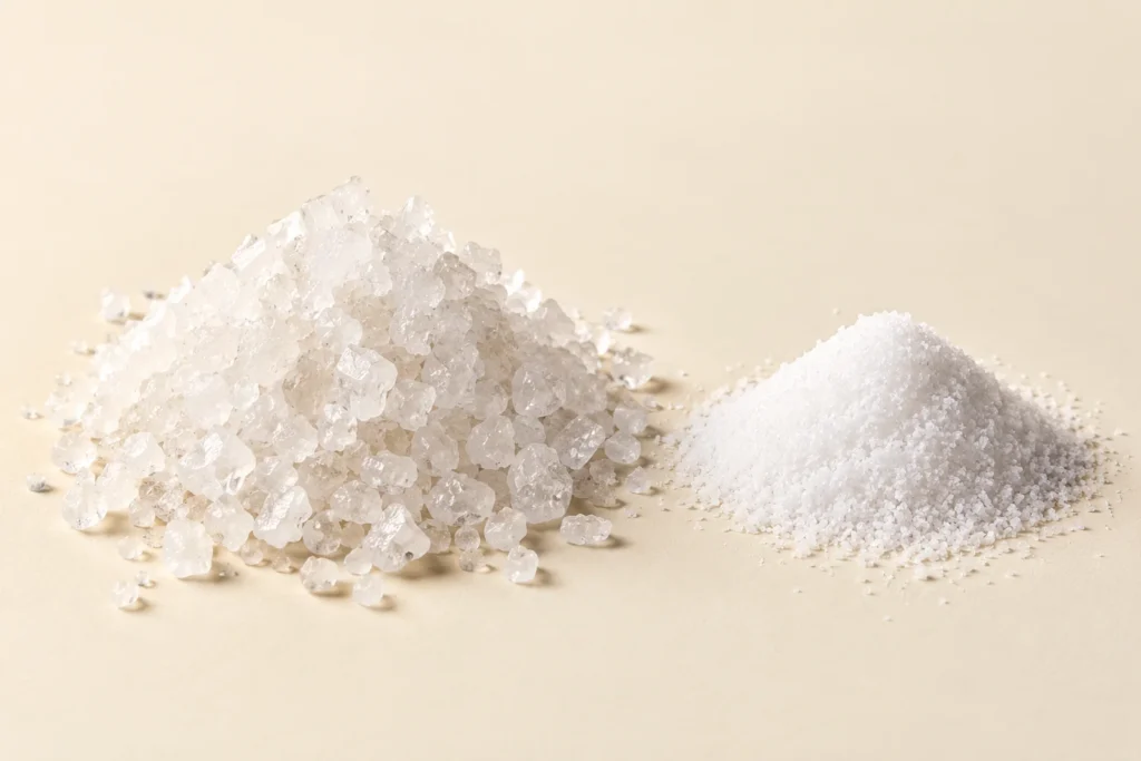Due mucchi di sale su fondo crema: a sinistra sale marino grosso a cristalli traslucidi e irregolari, a destra sale fino bianco.