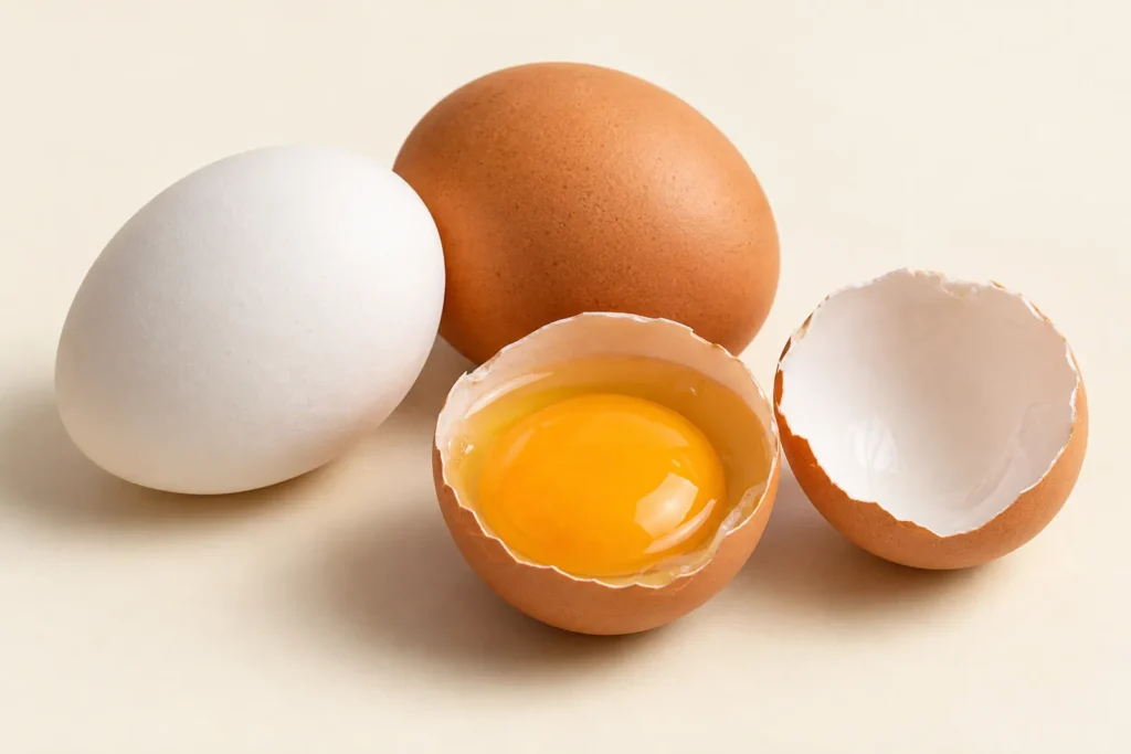 Due uova di gallina su fondo crema, una a guscio bianco e una a guscio bruno, accanto a mezzo guscio con il tuorlo crudo intero e l'altra metà vuota.