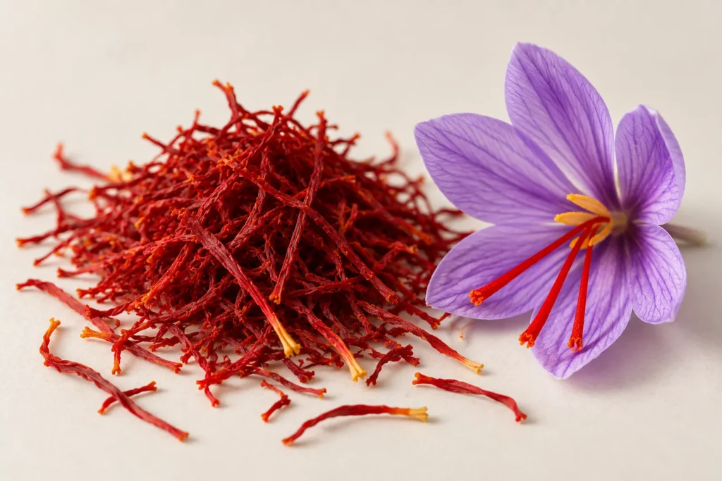Stimmi di zafferano essiccati in un mucchio rosso accanto a un fiore lilla di Crocus sativus con tre stimmi