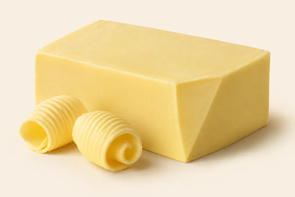 Panetto di burro giallo paglierino con un angolo tagliato di sbieco e, davanti, due riccioli di burro sottili e rigati, su fondo crema.