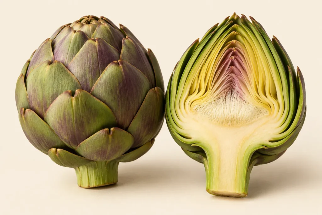Un carciofo intero chiuso, con le brattee verdi sfumate di viola e un tratto di gambo, e accanto un carciofo tagliato a metà nel senso della lunghezza che mostra le brattee interne giallo pallido, la barba chiara e il fondo color crema che continua nel gambo, su fondo crema.