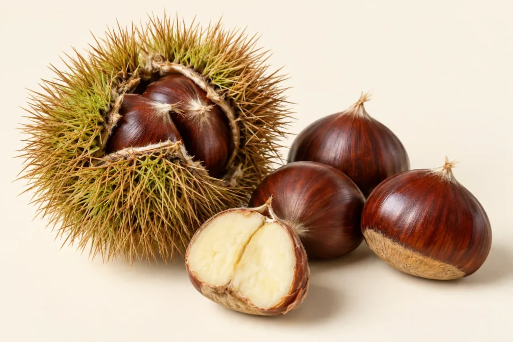 Un riccio di castagno aperto, fitto di aculei lunghi e sottili, con tre castagne all'interno; accanto tre castagne sciolte dal guscio marrone lucido con il ciuffetto in punta, e una castagna tagliata a metà che mostra la polpa color crema, su fondo crema.