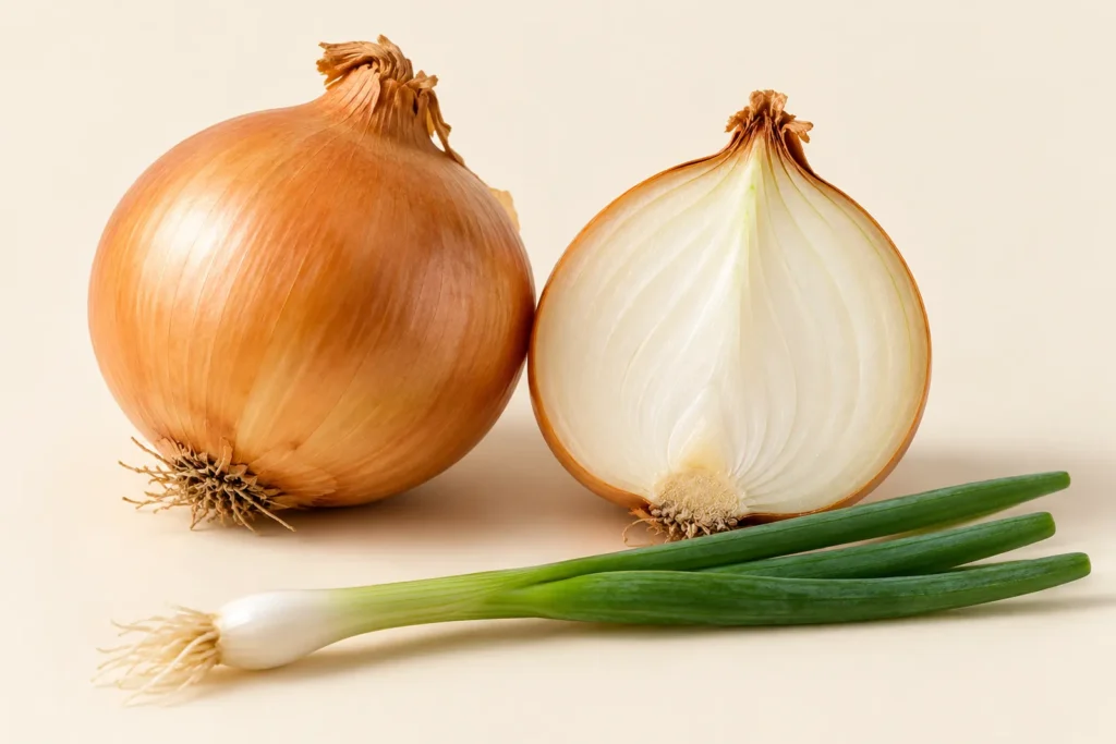 Una cipolla dorata intera con la tunica color rame, una cipolla tagliata a metà in verticale che mostra gli strati bianchi convergenti sul disco della base, e un cipollotto con le foglie verdi, su fondo crema.