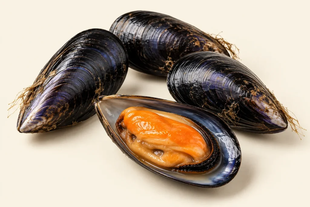 Tre cozze crude chiuse, con le valve nere a goccia dai riflessi blu-viola, le linee di crescita e i fili bruni del bisso; davanti, una valva aperta con la carne arancione, il bordo scuro del mantello e il liquido, su fondo crema.
