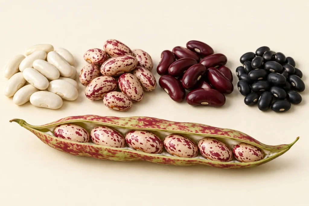 Quattro mucchi di fagioli secchi, cannellini bianchi, borlotti screziati, rossi e neri, e un baccello fresco di borlotto aperto con i semi in fila, su fondo crema.