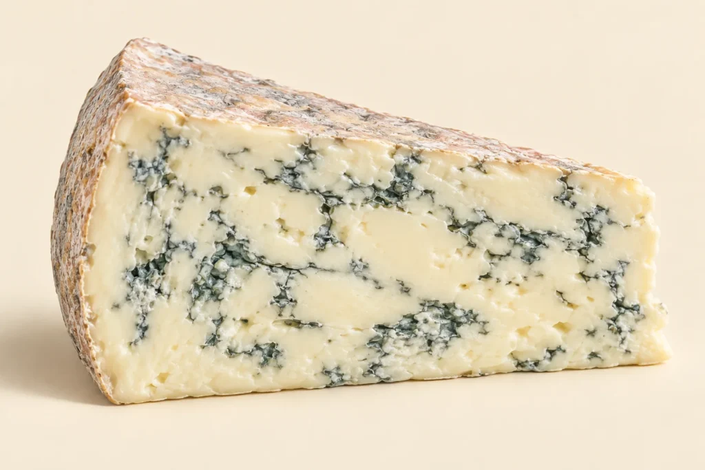 Spicchio di gorgonzola visto dal lato del taglio: pasta bianco-paglierina compatta, venature blu-verdi e crosta rugosa rosata, su fondo crema.