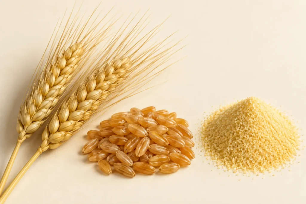 Due spighe mature di grano duro con lunghe reste, un mucchio di chicchi ambrati e vitrei e un mucchio di semola gialla e granulosa, su fondo crema.