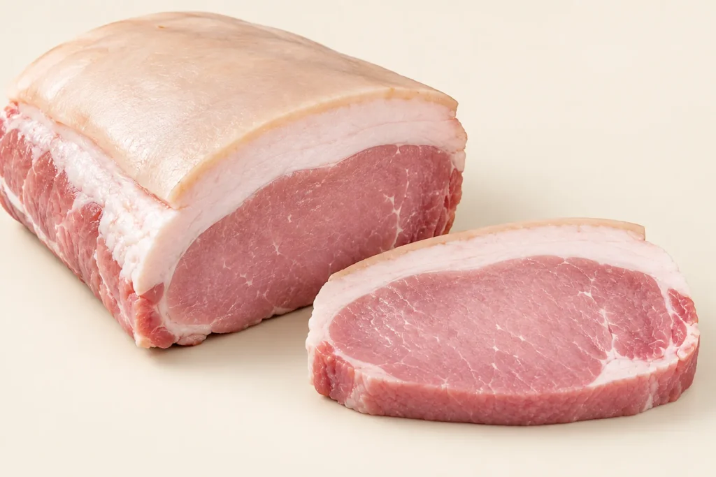 Un pezzo di lombo di maiale crudo con il grasso bianco e la cotenna, accanto a una fetta spessa che mostra la carne rosa chiaro a grana fine