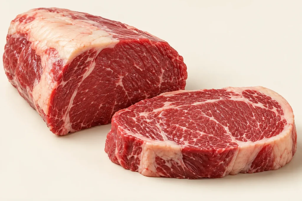 Un pezzo di manzo crudo rifilato accanto a una bistecca spessa tagliata dallo stesso pezzo, con il muscolo rosso e sottili venature di grasso