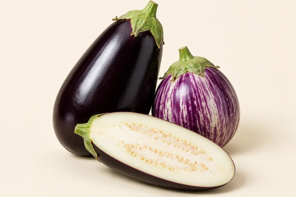 Una melanzana intera ovale, viola scuro e lucida, con il calice verde; accanto una melanzana tonda viola chiaro striata di bianco; davanti, una metà tagliata per il lungo con la polpa bianco-crema e piccoli semi chiari in file, su fondo crema.