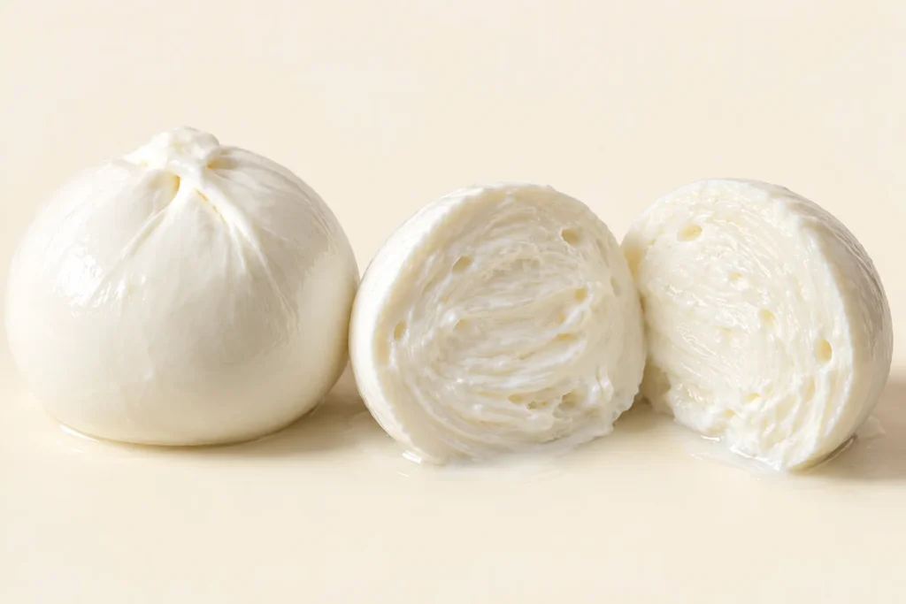 Una mozzarella fresca intera, bianca e lucida, accanto a una mozzarella tagliata a metà che mostra la pasta filata a strati con piccole tasche di siero