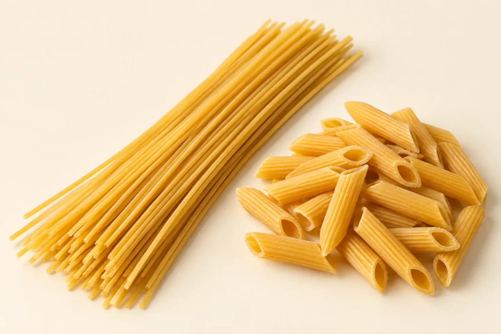 Un mazzetto di spaghetti secchi e un mucchio di penne rigate secche, giallo ambrato e opachi, su fondo crema.