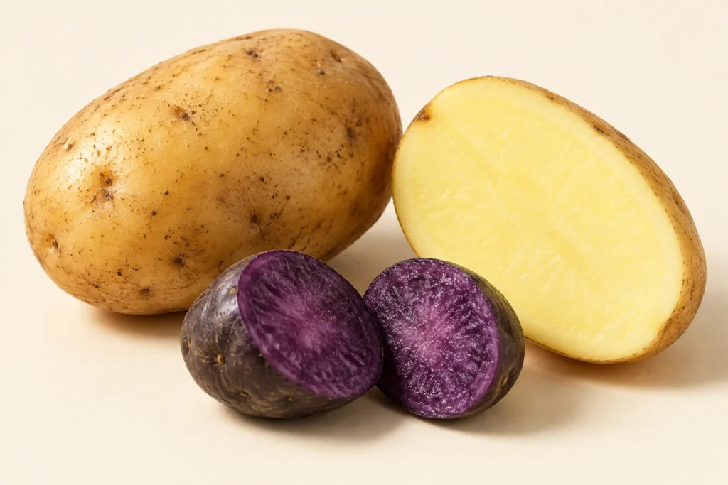 Una patata intera a buccia chiara con piccoli occhi poco profondi, una patata tagliata a metà nel senso della lunghezza con la polpa giallo paglierino, e una piccola patata viola tagliata a metà con la polpa viola intenso, su fondo crema.
