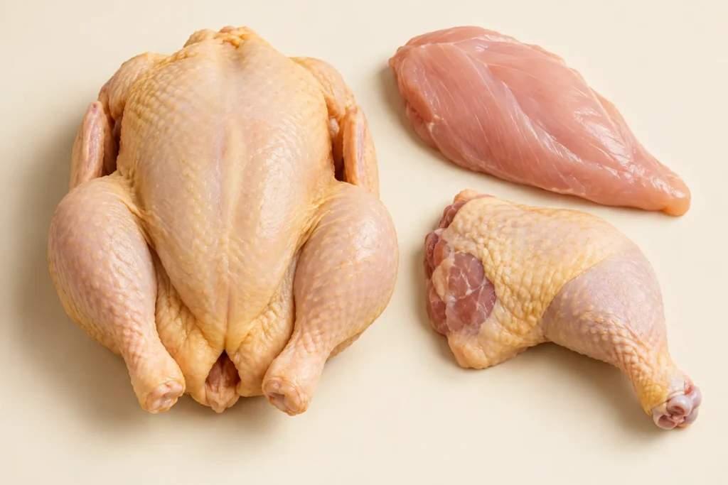 Pollo crudo intero con la pelle, accanto a un petto senza pelle e a una coscia con sovracoscia, su fondo crema