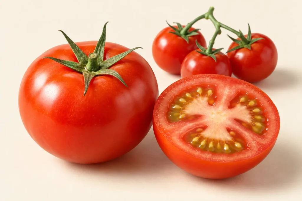 Un pomodoro rosso intero con il calice verde a stella, un pomodoro tagliato a metà in orizzontale che mostra le logge con i semi nella gelatina, e tre pomodorini ciliegia sul loro rametto, su fondo crema.