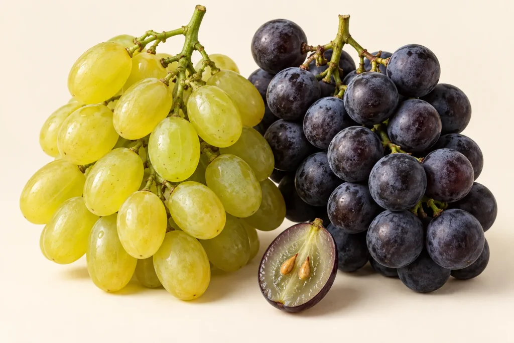 Un grappolo d'uva bianca con acini ovali verde-dorato e un grappolo d'uva nera con acini blu-viola velati di pruina, entrambi con il raspo verde; davanti, un acino nero tagliato a metà con la polpa verde chiaro e due semi, su fondo crema.