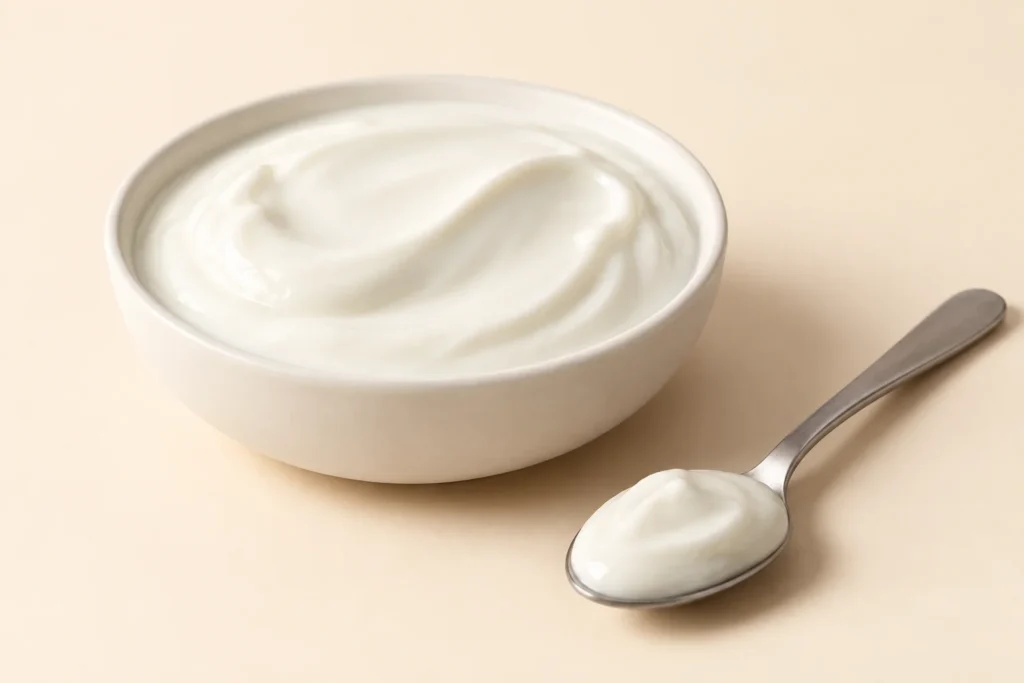 Ciotola bianca piena di yogurt bianco denso e lucido, con la superficie mossa da un'onda, e accanto un cucchiaio di metallo con un po' di yogurt, su fondo crema.
