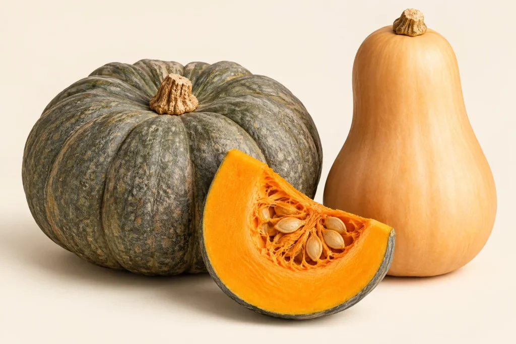 Una zucca mantovana intera, tonda e schiacciata, con la scorza grigio-verde a costole e il picciolo sugheroso; accanto una zucca butternut intera, liscia e color beige-arancio; davanti uno spicchio con la polpa arancione, la cavità fibrosa e i semi piatti color crema, su fondo crema.